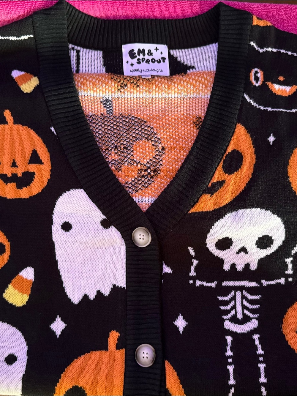 NWOT Halloween Knit Cardigan Sweater XL - Black with Orange & White pattern 🖤🧡